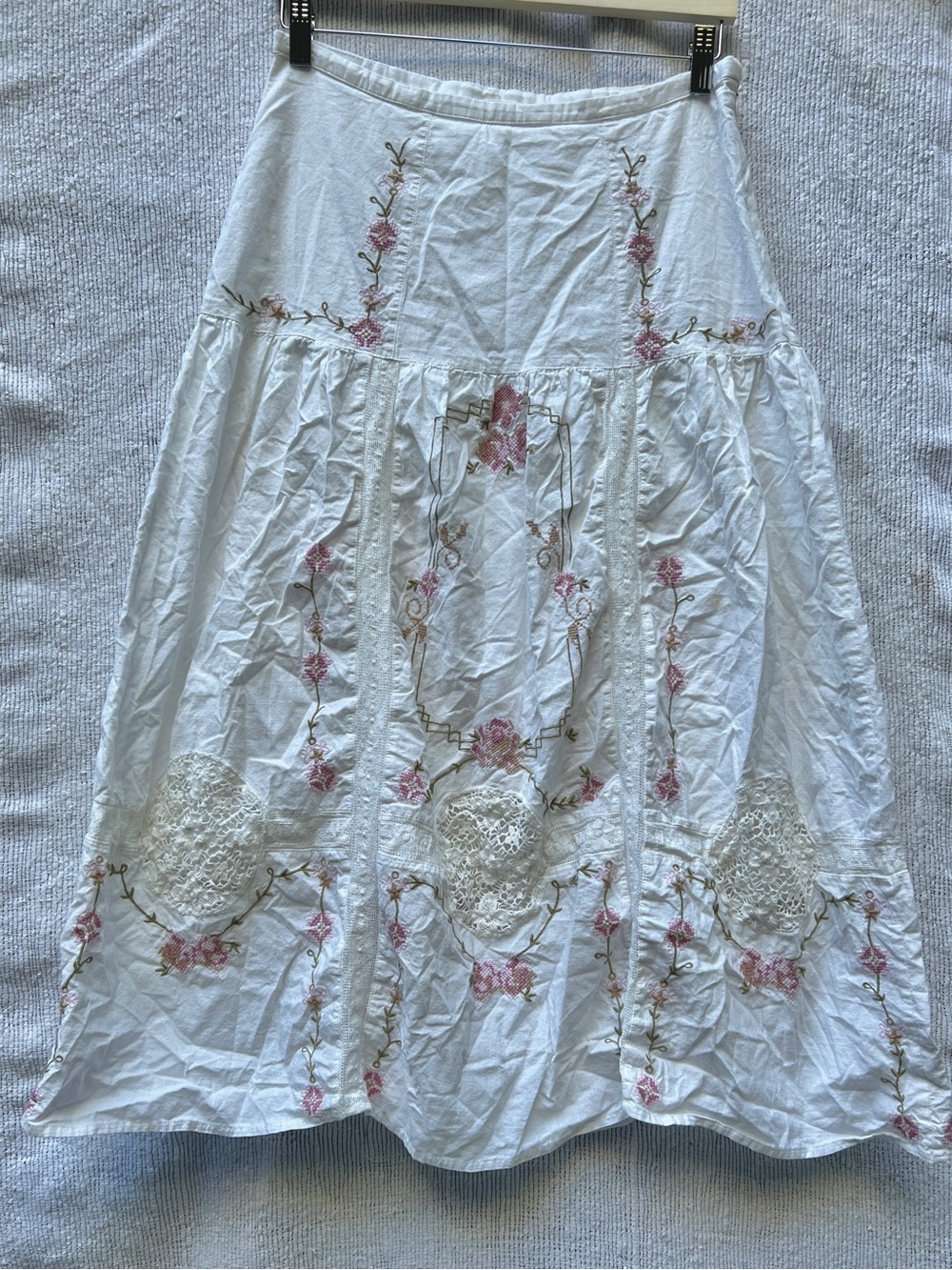 White Embroidered Maxi Skirt with Pink Floral Accents